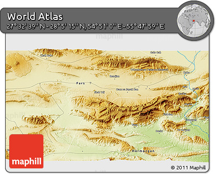 Physical 3D Map of the Area around 27° 48' 57" N, 55° 19' 30" E