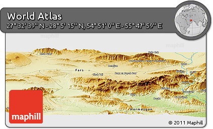 Physical Panoramic Map of the Area around 27° 48' 57" N, 55° 19' 30" E