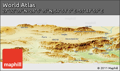 Physical Panoramic Map of the Area around 27° 48' 57" N, 55° 19' 30" E