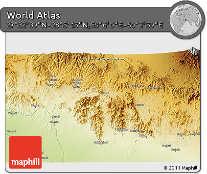 Physical 3D Map of the Area around 27° 48' 57" N, 59° 34' 30" E