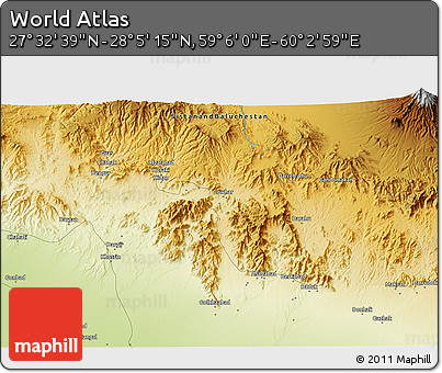 Physical 3D Map of the Area around 27° 48' 57" N, 59° 34' 30" E