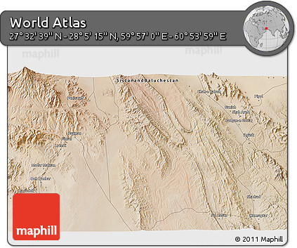 Satellite 3D Map of the Area around 27° 48' 57" N, 60° 25' 29" E