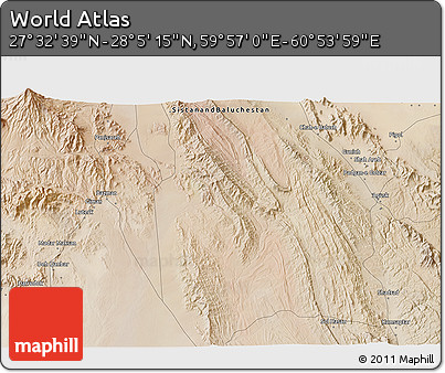 Satellite 3D Map of the Area around 27° 48' 57" N, 60° 25' 29" E