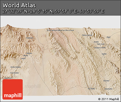 Satellite 3D Map of the Area around 27° 48' 57" N, 60° 25' 29" E
