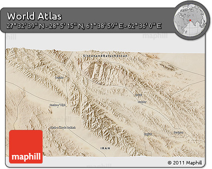 Satellite 3D Map of the Area around 27° 48' 57" N, 62° 7' 30" E