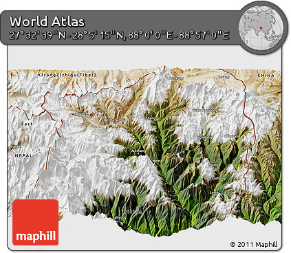Satellite 3D Map of the Area around 27° 48' 57" N, 88° 28' 29" E