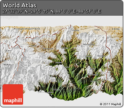 Satellite 3D Map of the Area around 27° 48' 57" N, 88° 28' 29" E