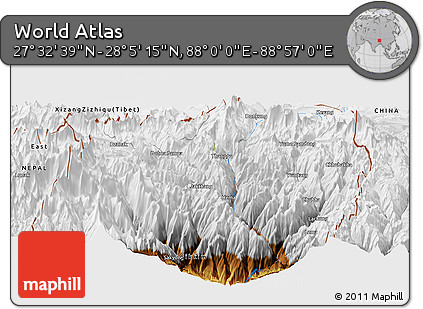 Physical Panoramic Map of the Area around 27° 48' 57" N, 88° 28' 29" E