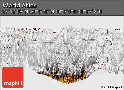 Physical Panoramic Map of the Area around 27° 48' 57" N, 88° 28' 29" E