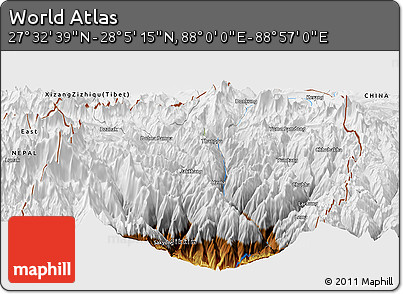 Physical Panoramic Map of the Area around 27° 48' 57" N, 88° 28' 29" E