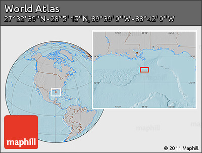 Gray Location Map of the Area around 27° 48' 57" N, 89° 10' 30" W, hill shading