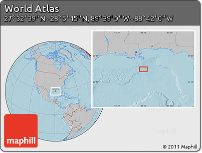 Gray Location Map of the Area around 27° 48' 57" N, 89° 10' 30" W, hill shading