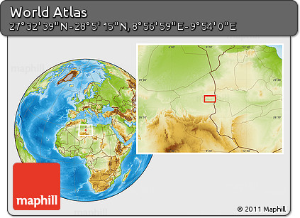 Physical Location Map of the Area around 27° 48' 57" N, 9° 25' 30" E