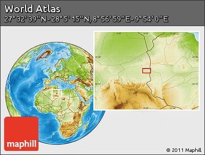 Physical Location Map of the Area around 27° 48' 57" N, 9° 25' 30" E