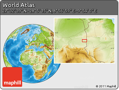 Physical Location Map of the Area around 27° 48' 57" N, 9° 25' 30" E