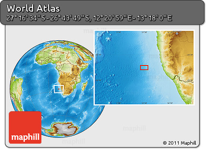 Physical Location Map of the Area around 27° 0' 12" S, 12° 49' 29" E