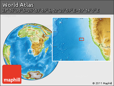 Physical Location Map of the Area around 27° 0' 12" S, 12° 49' 29" E
