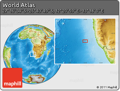 Physical Location Map of the Area around 27° 0' 12" S, 12° 49' 29" E
