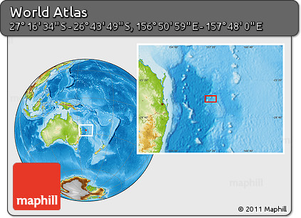Physical Location Map of the Area around 27° 0' 12" S, 157° 19' 29" E