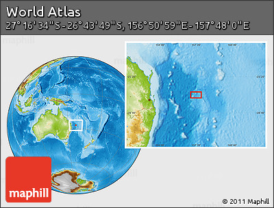 Physical Location Map of the Area around 27° 0' 12" S, 157° 19' 29" E