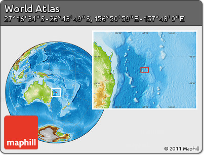 Physical Location Map of the Area around 27° 0' 12" S, 157° 19' 29" E