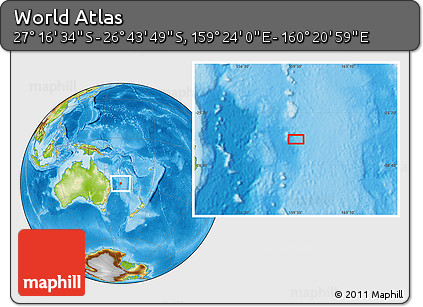 Physical Location Map of the Area around 27° 0' 12" S, 159° 52' 30" E
