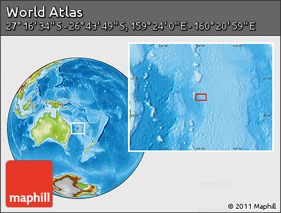 Physical Location Map of the Area around 27° 0' 12" S, 159° 52' 30" E