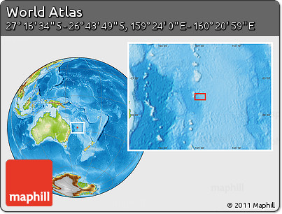 Physical Location Map of the Area around 27° 0' 12" S, 159° 52' 30" E