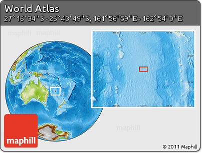 Physical Location Map of the Area around 27° 0' 12" S, 162° 25' 30" E