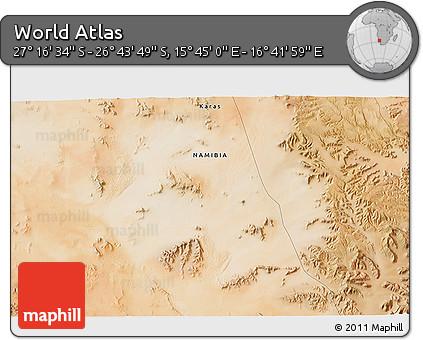 Satellite 3D Map of the Area around 27° 0' 12" S, 16° 13' 30" E