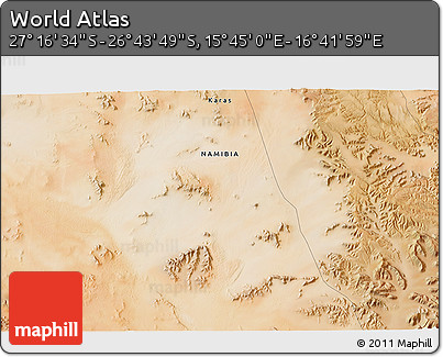 Satellite 3D Map of the Area around 27° 0' 12" S, 16° 13' 30" E