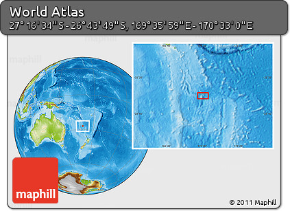 Physical Location Map of the Area around 27° 0' 12" S, 170° 4' 29" E