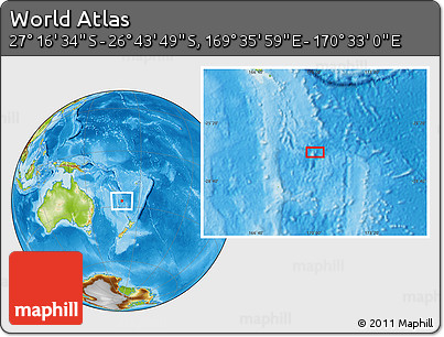 Physical Location Map of the Area around 27° 0' 12" S, 170° 4' 29" E
