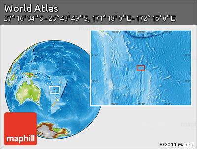 Physical Location Map of the Area around 27° 0' 12" S, 171° 46' 30" E