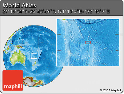 Physical Location Map of the Area around 27° 0' 12" S, 171° 46' 30" E