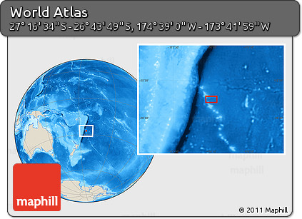 Shaded Relief Location Map of the Area around 27° 0' 12" S, 174° 10' 30" W