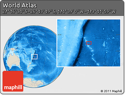Shaded Relief Location Map of the Area around 27° 0' 12" S, 174° 10' 30" W