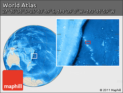 Shaded Relief Location Map of the Area around 27° 0' 12" S, 174° 10' 30" W