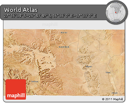 Satellite 3D Map of the Area around 27° 0' 12" S, 17° 4' 30" E