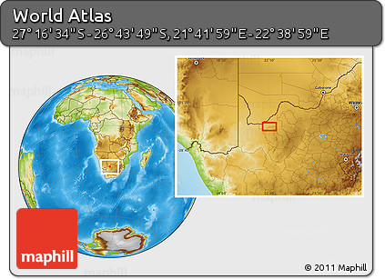 Physical Location Map of the Area around 27° 0' 12" S, 22° 10' 29" E