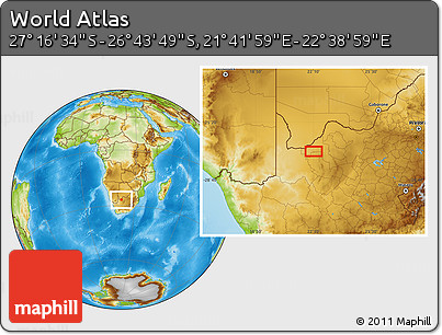 Physical Location Map of the Area around 27° 0' 12" S, 22° 10' 29" E