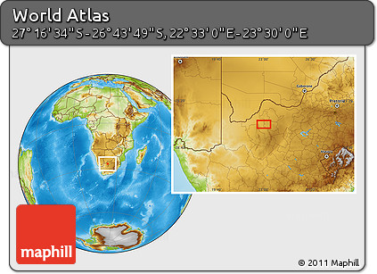 Physical Location Map of the Area around 27° 0' 12" S, 23° 1' 29" E