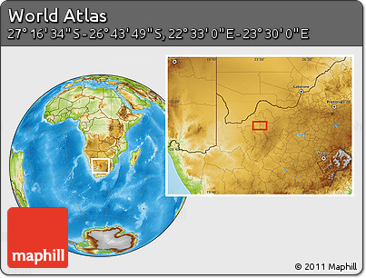 Physical Location Map of the Area around 27° 0' 12" S, 23° 1' 29" E
