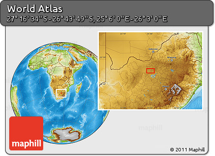 Physical Location Map of the Area around 27° 0' 12" S, 25° 34' 30" E