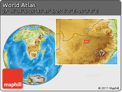 Physical Location Map of the Area around 27° 0' 12" S, 25° 34' 30" E