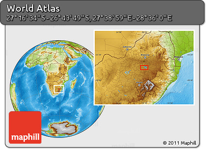 Physical Location Map of the Area around 27° 0' 12" S, 28° 7' 30" E