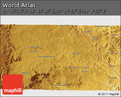 Physical 3D Map of the Area around 27° 0' 12" S, 30° 40' 29" E