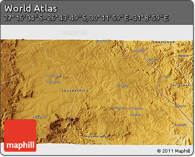 Physical 3D Map of the Area around 27° 0' 12" S, 30° 40' 29" E