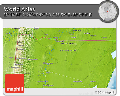 Physical 3D Map of the Area around 27° 0' 12" S, 32° 22' 30" E
