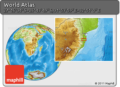 Physical Location Map of the Area around 27° 0' 12" S, 32° 22' 30" E